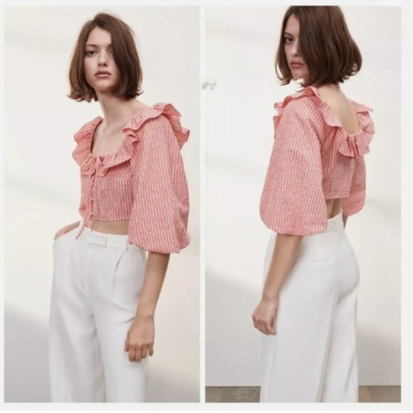 NEW Zara Cotton striped puff sleeve crop top in Red and White, Size L - Picture 2 of 15